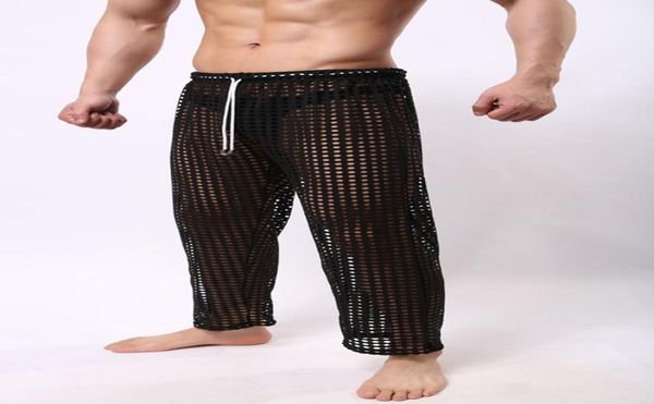 

mens pants sleepwear see through big mesh lounge pajama bottoms loose trousers low rise male wear5090734, Black