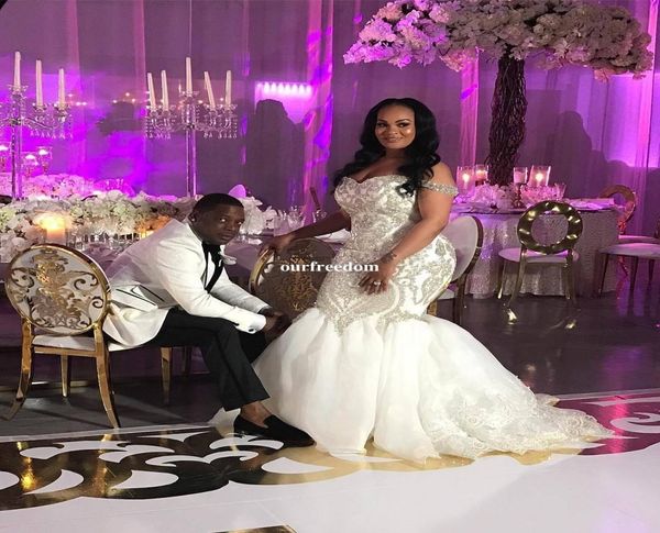 

2019 gorgeous plus size wedding dresses beaded crystal sequins mermaid off the shoulder africa bridal gown for church wedding cust7816810, White