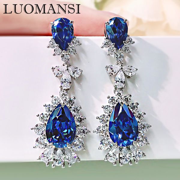 

hoop huggie luomansi solid s925 sterling silver drop shaped sapphire diamond long earring's wedding anniversary party jewelry 230815, Golden;silver