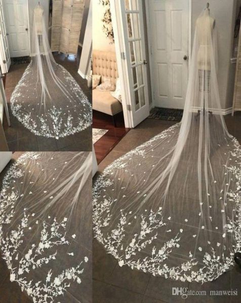 

2020 white ivory cathedral length lace appliqued 3m long bridal wedding veils with comb77213373517613, Black