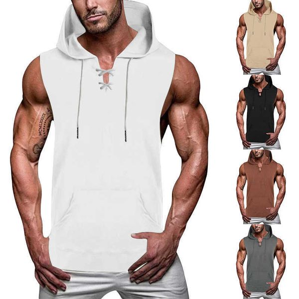 

new men's v-neck vest loose hooded tie up men's casual sleeveless vest, Black;white