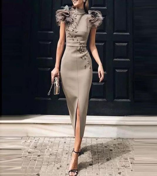 

sheath mermaid prom dresses with high neck beads ruffles front split satin women formal evening dress tea length party gowns4012439, Black