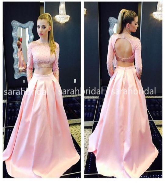 

2019 two piece pink satin prom dresses with bateau neck long sleeve keyhole backless crop marine ball pockets gowns plus size 8699160, Black
