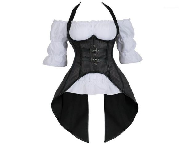 

steampunk corset striped long straps bustier vest with white gothic blouse plus size burlesque costume two pieces korsett14881929, Black;white