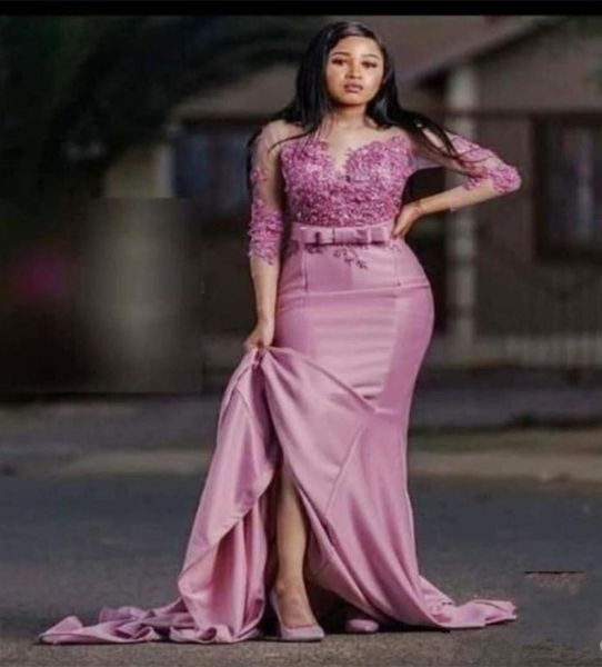 

sheer neck evening dresses with bow lace applique long sleeves prom party gowns sweep train dress formal wear6084261, Black;red