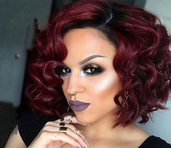 

side part deep body wave glueless synthetic lace front wigs ombre red short bob synthetic wigs for black women natural hairline1800893