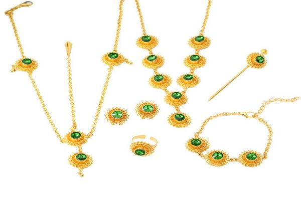 

ethiopian african wedding new necklace earrings ring bracelet hairpin hair chain accessory jewelry sets8909355, Black