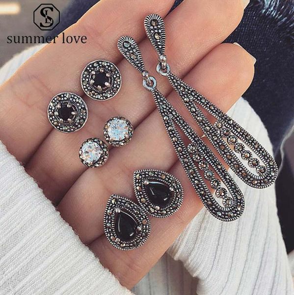 

vintage crystal waterdrop geometric stud earring set for women girls boho dazzing retro silver earring jewelry set with cards3369195