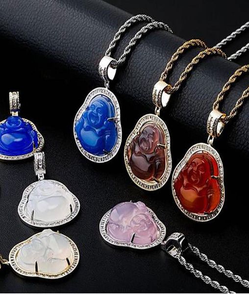 

14k gold iced baguette style buddha pendant necklace bling micro pave cubic zirconia simulated diamonds with 3mm 24inch rope chain2200096, Silver
