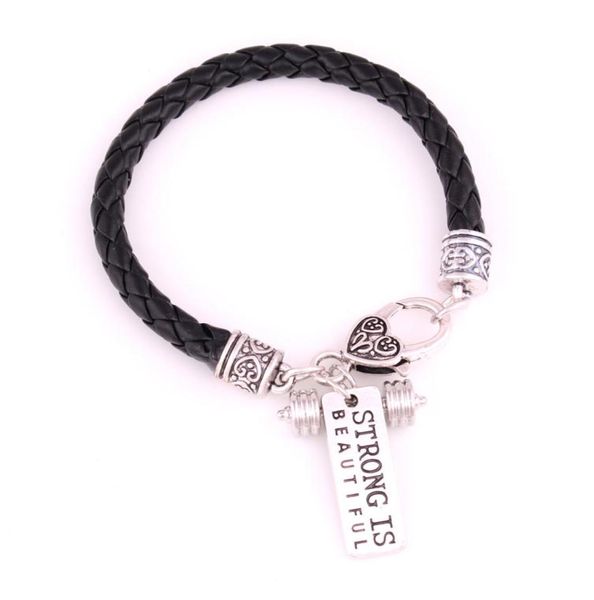 

apricot fu white black leather braided crossfit weight lifting fitness dumbell charm bracelet quotstrong is beautifulquot3714478, Golden;silver