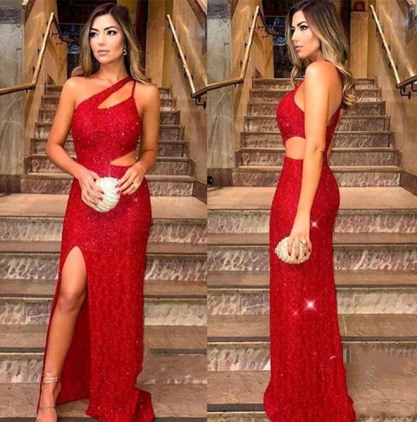

new red sequined evening dresses one shoulder split holiday wear formal party prom gowns custom made plus size3895435, Black;red