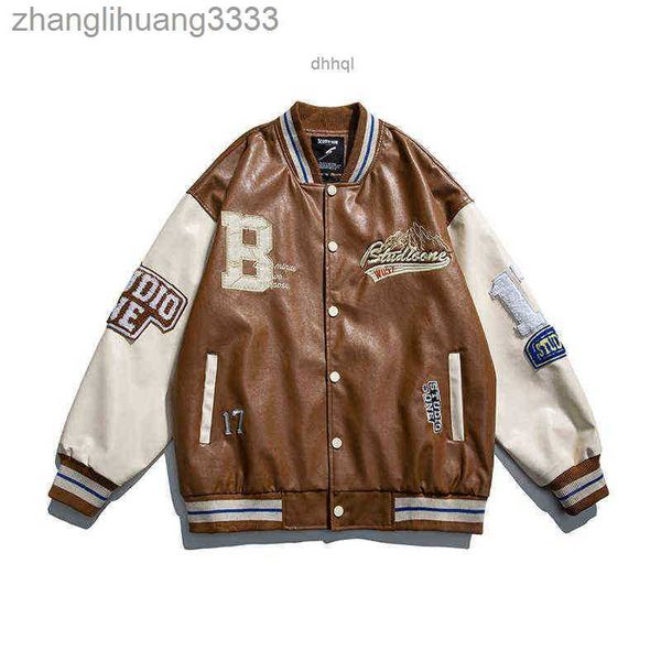 

mens varsity pu leather baseball jacket men women vintage embroidery letter patchwork college coats hip hop bomber coat t220816, Black;brown