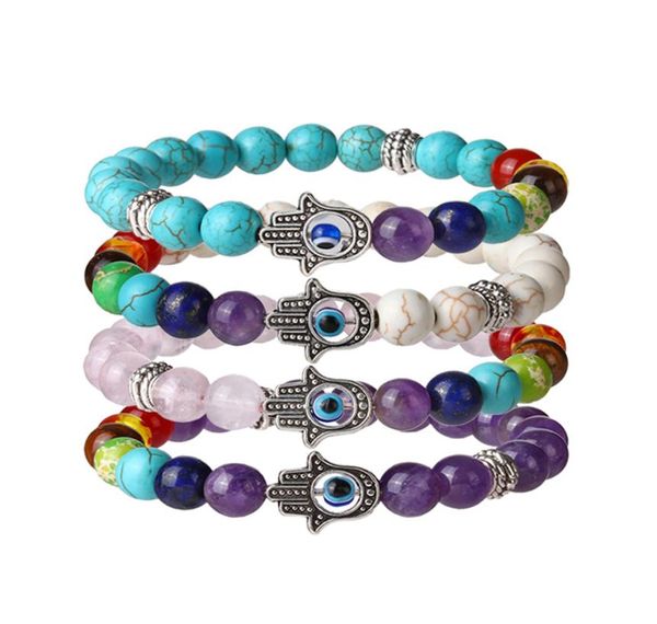 

7 chakras gemstone bracelets evil eye bracelet natural lava stone reiki healing balancing round charm beads hamsa hand good luck j1160420, Black