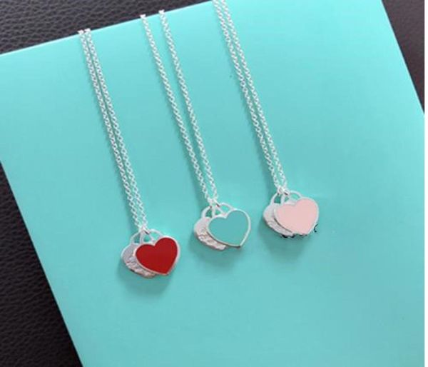 

fashion strings pinkblue enamel double heart pendant love necklace for women girls luxury steel chain fine jewelry for women0399001414, Black