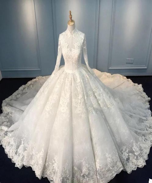 

vintage wedding dresses with highneck longsleeve appliqued race vintage ball gown wedding dress custom made vestidos de novia9593184, White