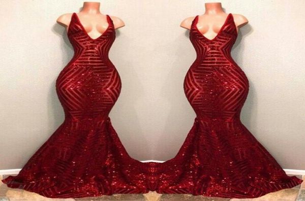 

red bling bling sequined prom party dresses sleeveless mermaid plunging v neck black girl african celebrity dresses evening gowns8182715