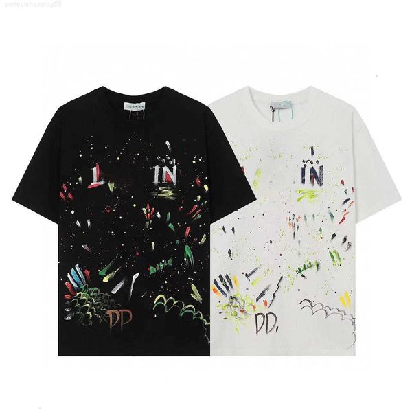 

designer luxury lanvins classic spicy ink loose round neck short sleeve versatile men and women's couple t-shirt fashion, White;black