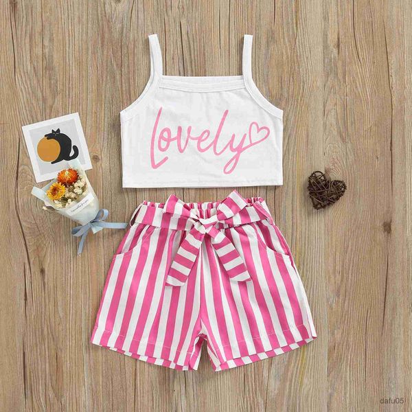 

clothing sets summer lovely kids girls 2pcs clothes sets letter strap sleeveless vest +striped bow shorts clothing r230815, White