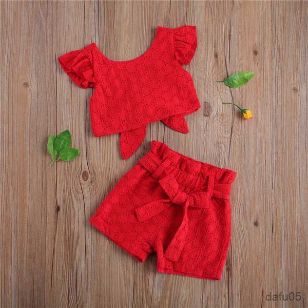 

clothing sets children's clothing set jacquard flying sleeve backless t-shirt and shorts child two-piece suit for pgraphy birthday part, White