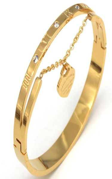 

trendy lover cuff bracelets bangles for woman gold color carving roman numera stainless steel bracelet with heart pendant bangle992948105, Black