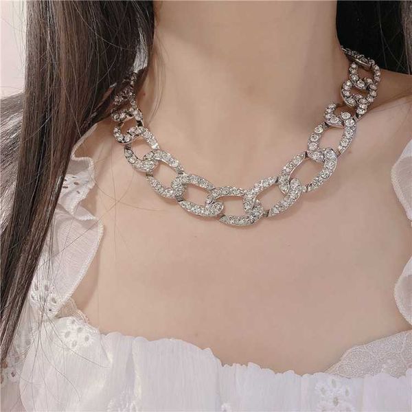 

cuban thick chain full diamond neck necklace for women's new light luxury niche design with exaggerated insets collarbone chain trend, Silver