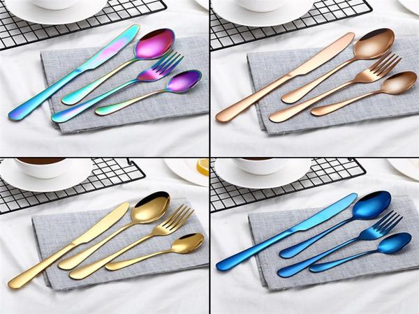 

4 pcsset 8 colors stainless steel knife and fork cutlery goldblackmix colorsbluesilver plated dinnerware knife fork spoon kit1384944