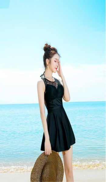

2020 new lace up black one piece swimsuit lady conservative skirt ladies swimsuit backless swimsuit lady9321522