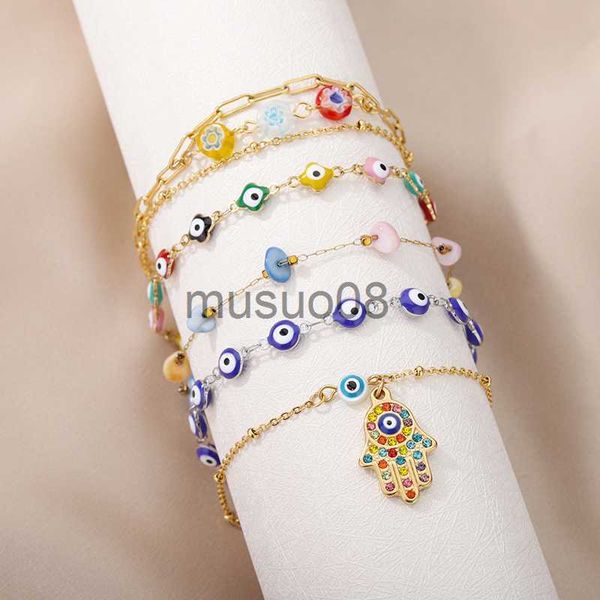

anklets stainless steel blue turkey evil eye bead anklet for women men silver color chain zircon palm charm brelet female jewelry gift j2308, Red;blue
