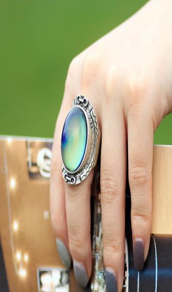 

large real antique silver plated color change solitaire mood ring emotion feeling oval stone rings size 7899293299, Golden;silver