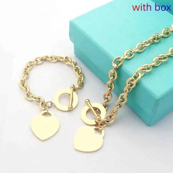 

christmas gift love necklace+bracelet set wedding statement jewelry heart pendant tiff necklaces bangle sets 2 in 1, Silver