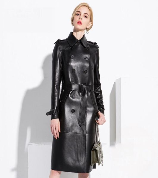 

2020 autumn european and american natural leather jacket women peter pan collar double breasted long real sheepskin leather coat524109277, Black;brown