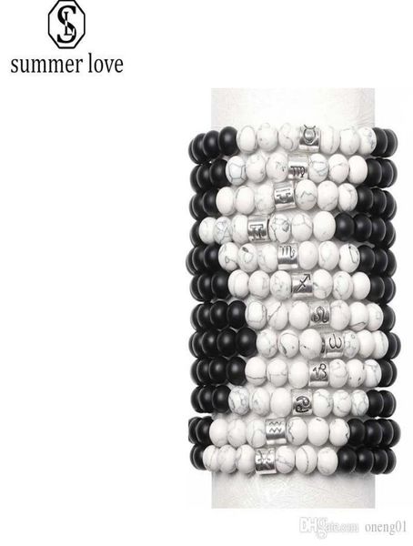 

12 zodiac signs 8mm matte stone white elastic beads strands bracelets vintage constellation horoscope bracelet jewelry for men wom6526077, Black