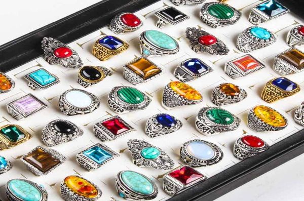 

50pcslot nature stone tibetan silver golden rings men vintage alloy couple turquoise hombre jewelry rings women whole lots6098735, Golden;silver