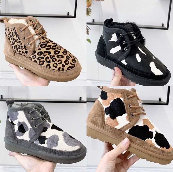 

australia neumel cow suede ankle boot kid child women men chestnut shearling fur boots family match winter shoes wgg low lace up wool sheeps, Black