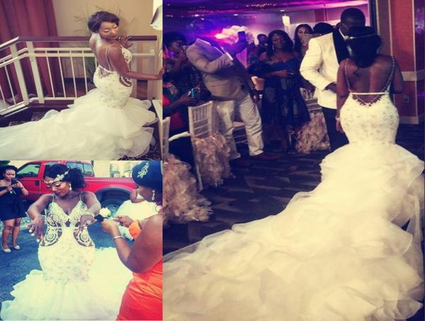 

luxury crystal wedding dress rhinestone beads lace appliques tiered mermaid bridal dresses glamorous south africa backless we2468554, White