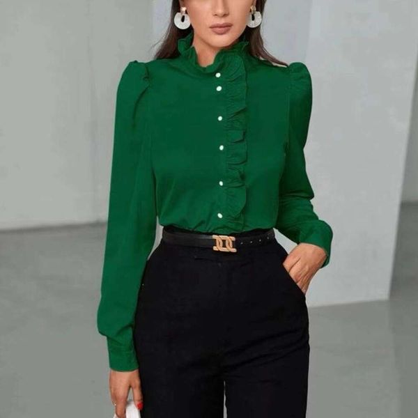 

womens shirt summer commuter style pure color french wood ear edge long sleeved blouse, White