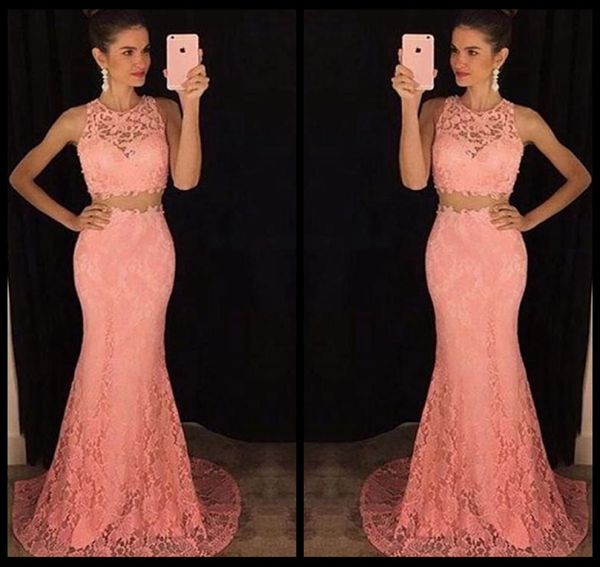 

two pieces dress 2020 prom dresses long o neck mermaid full lace see through formal evening gowns party wear7580447, Black