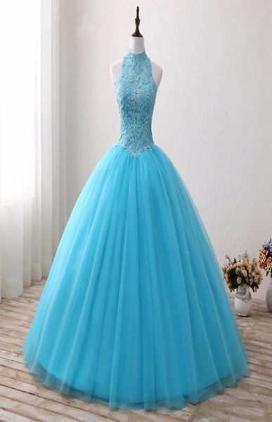 

aqua blue ball gown quinceanera dresses high neck sleeveless beaded lace appliques open back corset puffy tulle sweet 16 dresses3569636, Blue;red