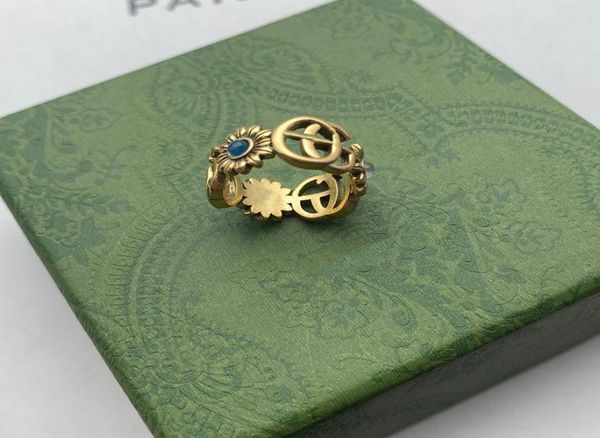 

designer ring golden flower pattern love luxury rings blue diamond fashion womens jewelry men shining never fade not allergic size8416332, Silver