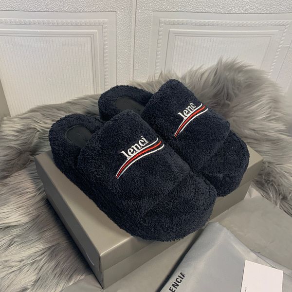 

7 colors paris teddy bear fluffy slippers balenciga plush sandal designer flat heel winter tazz mule fashion travel woman indoor home slider, Black