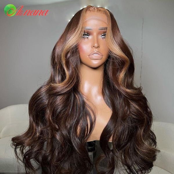 

Brazilian Brown with Blonde Human Hair Wigs Highlight Lace Front Wig Body Wave Baby Hair Transparent Lace Closure Wigs for Black Women, Dark brown