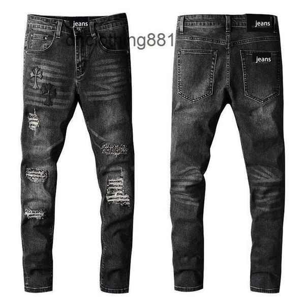 

european and american designer men jeans pants trend amirs fashion cross knee hole patch cloth liuding men's casual jeans 718257n, Blue