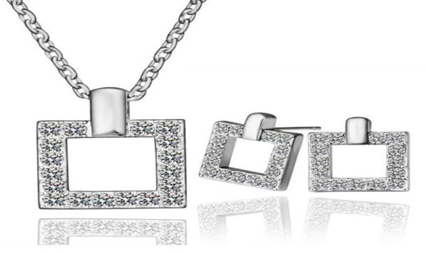 

18k platinum plated fashion women square jewelry sets austrian crystal pendant necklaces stud earrings for women3339489, Silver