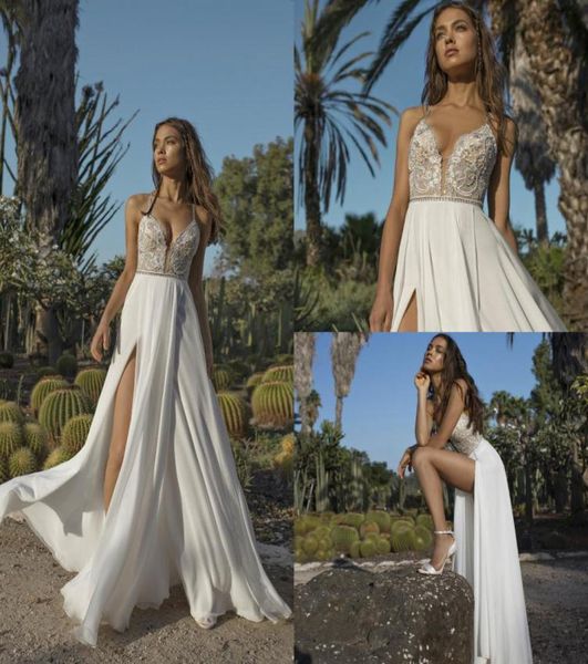 

2018 asaf dadush boho wedding dresses applique sequins beaded side split beach wedding gowns chiffon backless plus size bridal dre2444876, White