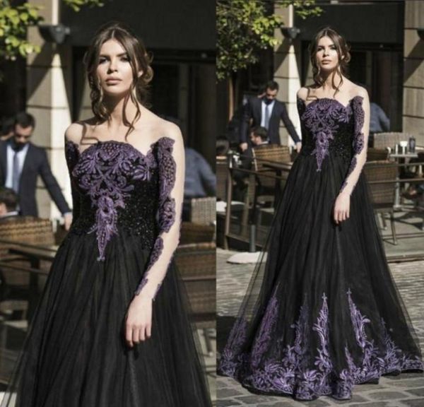 

unique gothic bck spring prom dresses sale long sleeves purple crystal beads a line tulle long formal evening party dress for dies7977988, Black