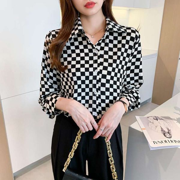 

spring and shirt autumn style temperament retro black white chessboard long sleeved chiffon womens niche design top