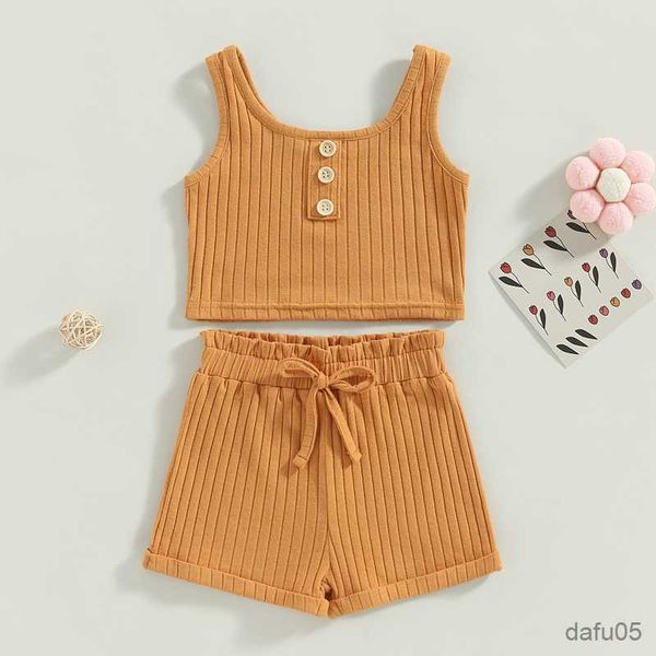 

clothing sets 0-4years toddler girls 2pcs summer outfit sets solid button vest ribbed drawstring shorts r230815, White