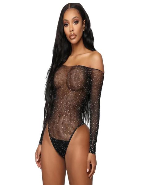 

costumes lingerie rhine deep v neck fishnet teddy bodysuit women crystal sequined see through sheer bodycon one piece mesh bodystockings6057, Black