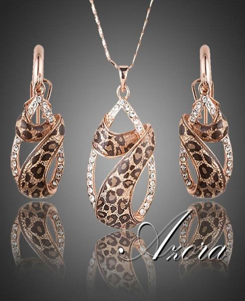 

wholeazora rose gold plated austrian crystals water drop twining with leopard riband earrings and necklace jewelry sets tg0196570787, Silver