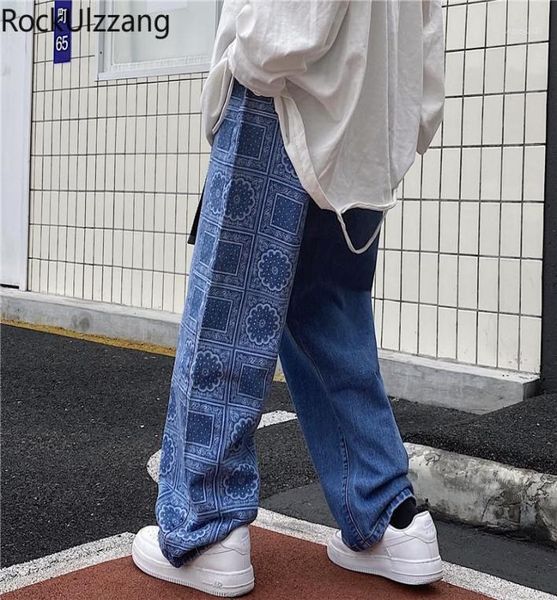 

loose straight paisley bandana patchwork denim pant jeans trouser fashion baggy japanese streetwear hip hop washed blue black19317510